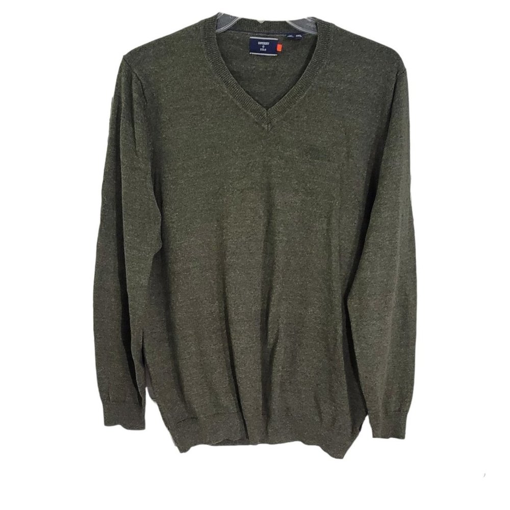 Superdry Mens Green V Neck‎ Pullover Sweater Long Sleeve Embroidered Size 2XL